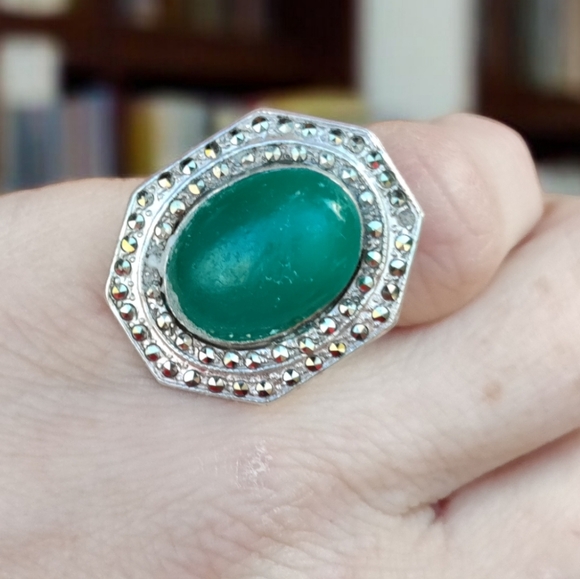 Antique sterling Edwardian marcasite and green onyx gemstone ring - Picture 2 of 4